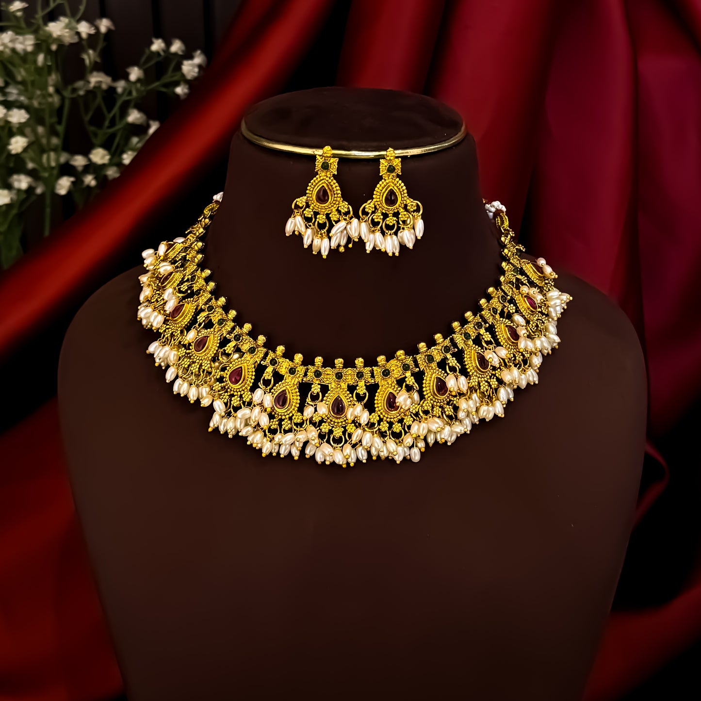 Prisa Guttapusalu Temple Necklace Set - Golden