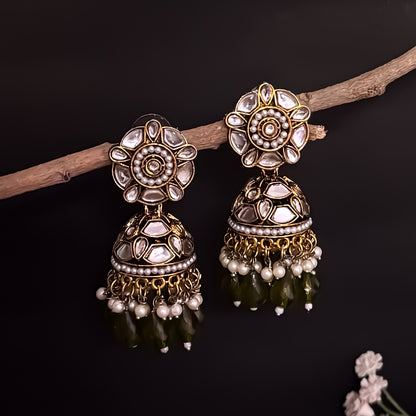 Ruhani Pearl Jhumka Earrings- Mehendi Green