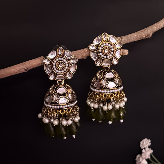 Ruhani Pearl Jhumka Earrings- Mehendi Green