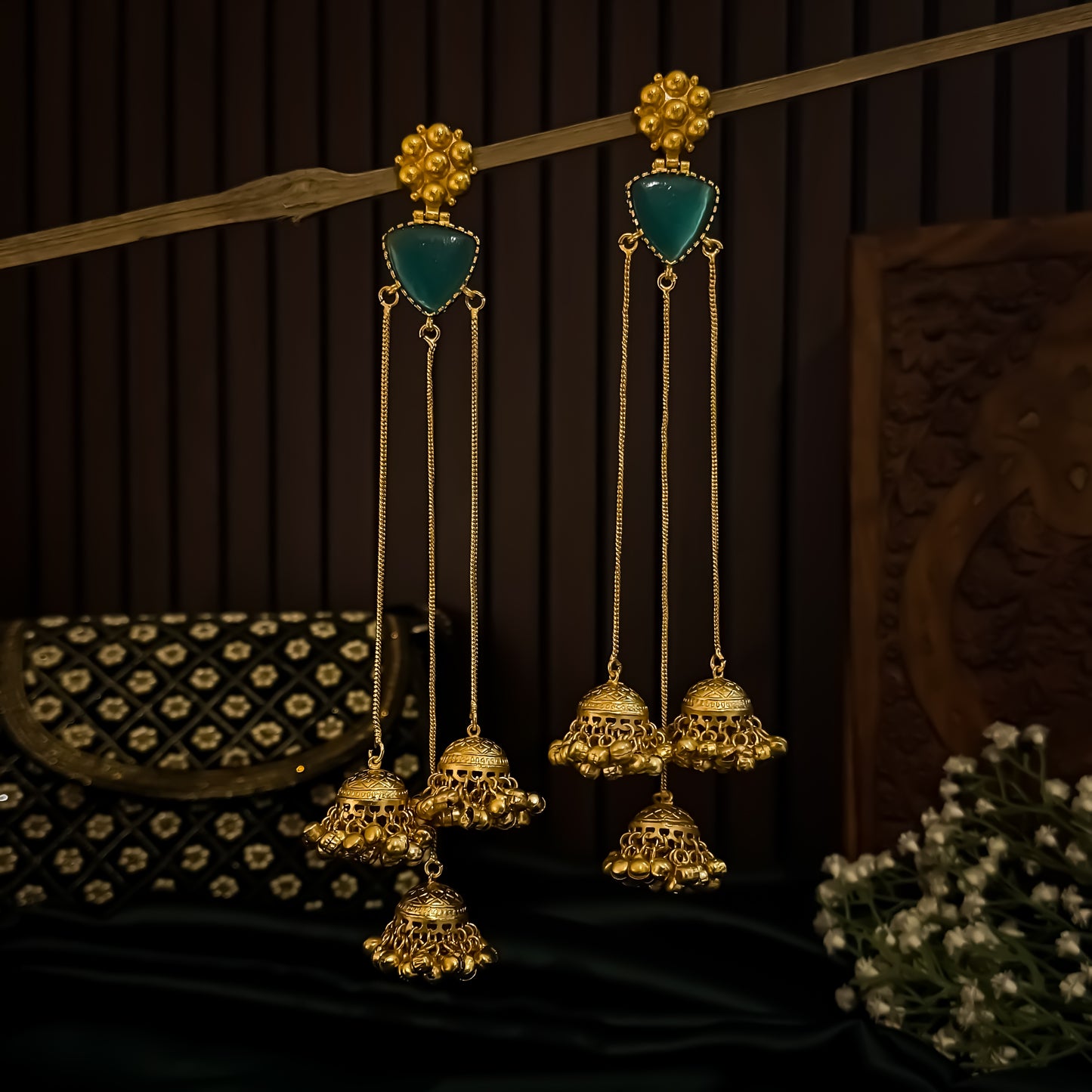 Pritika Kashmiri Brass Dejhoor Jhumka Ghungroo Earrings - Turquoise