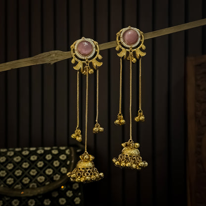 Parineeti Kashmiri Brass Ghungroo Jhumka Earrings - Pastel Pink