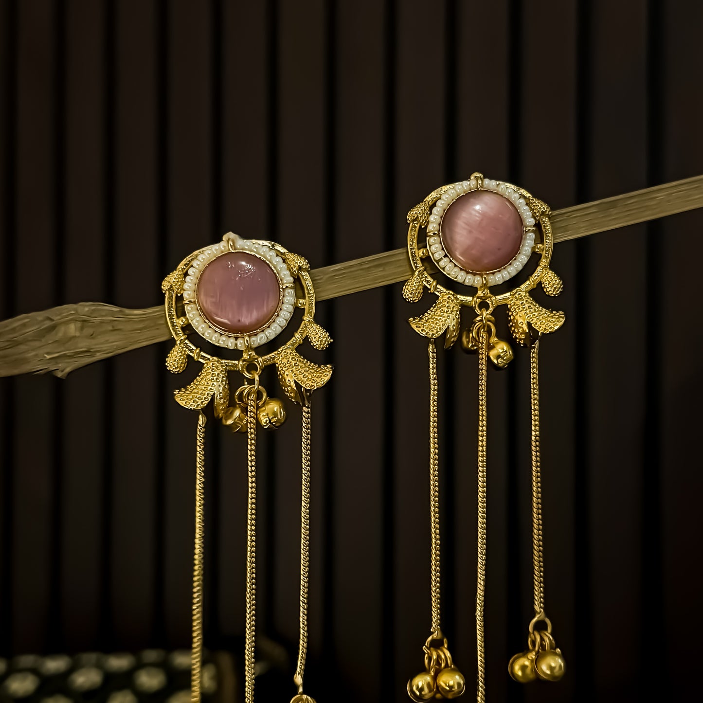 Parineeti Kashmiri Brass Ghungroo Jhumka Earrings - Pastel Pink