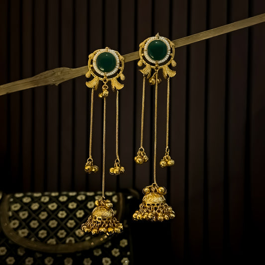 Parineeti Kashmiri Brass Ghungroo Jhumka Earrings - Green