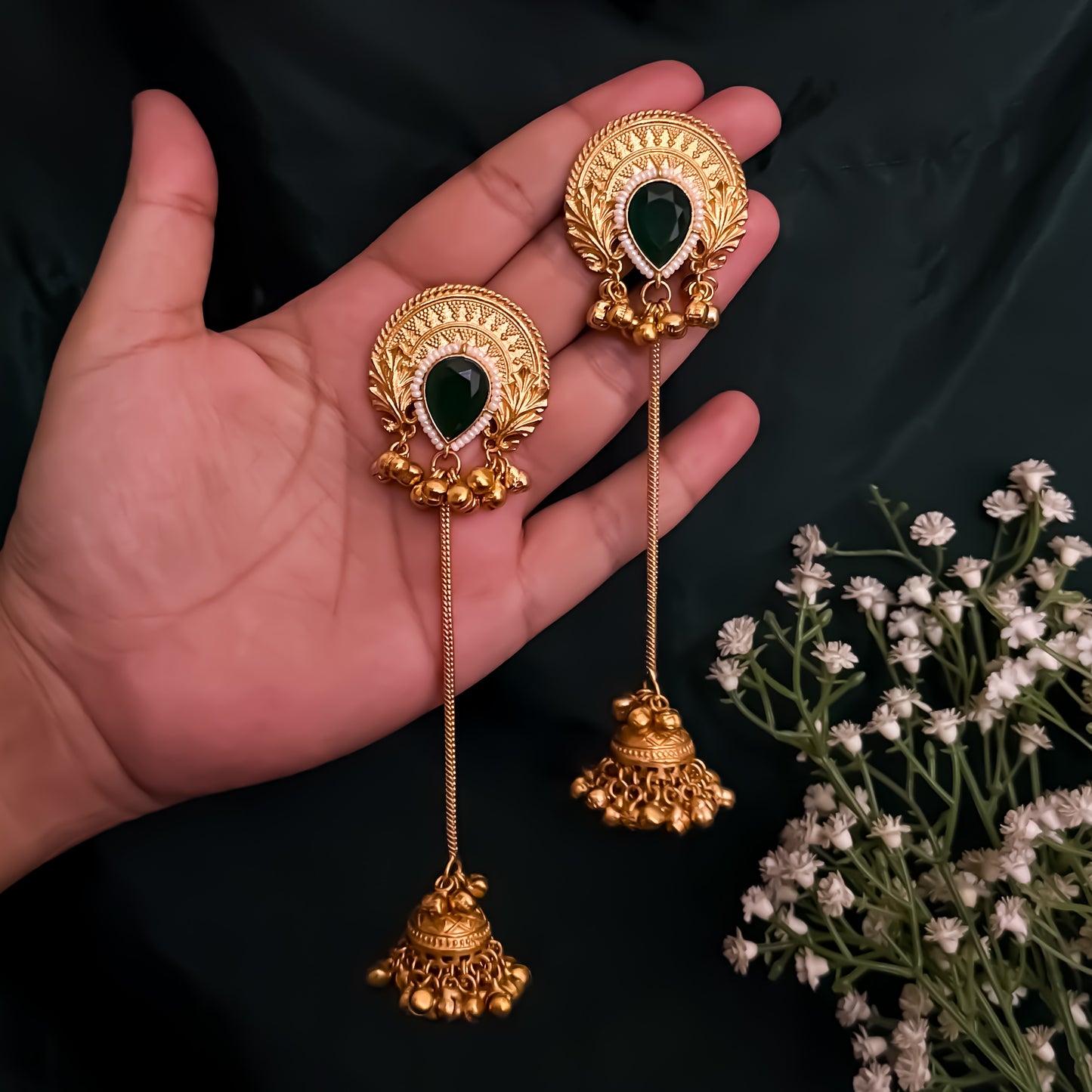 Vainika Kashmiri Brass Dejhoor Ghungroo Jhumka Earrings - Green