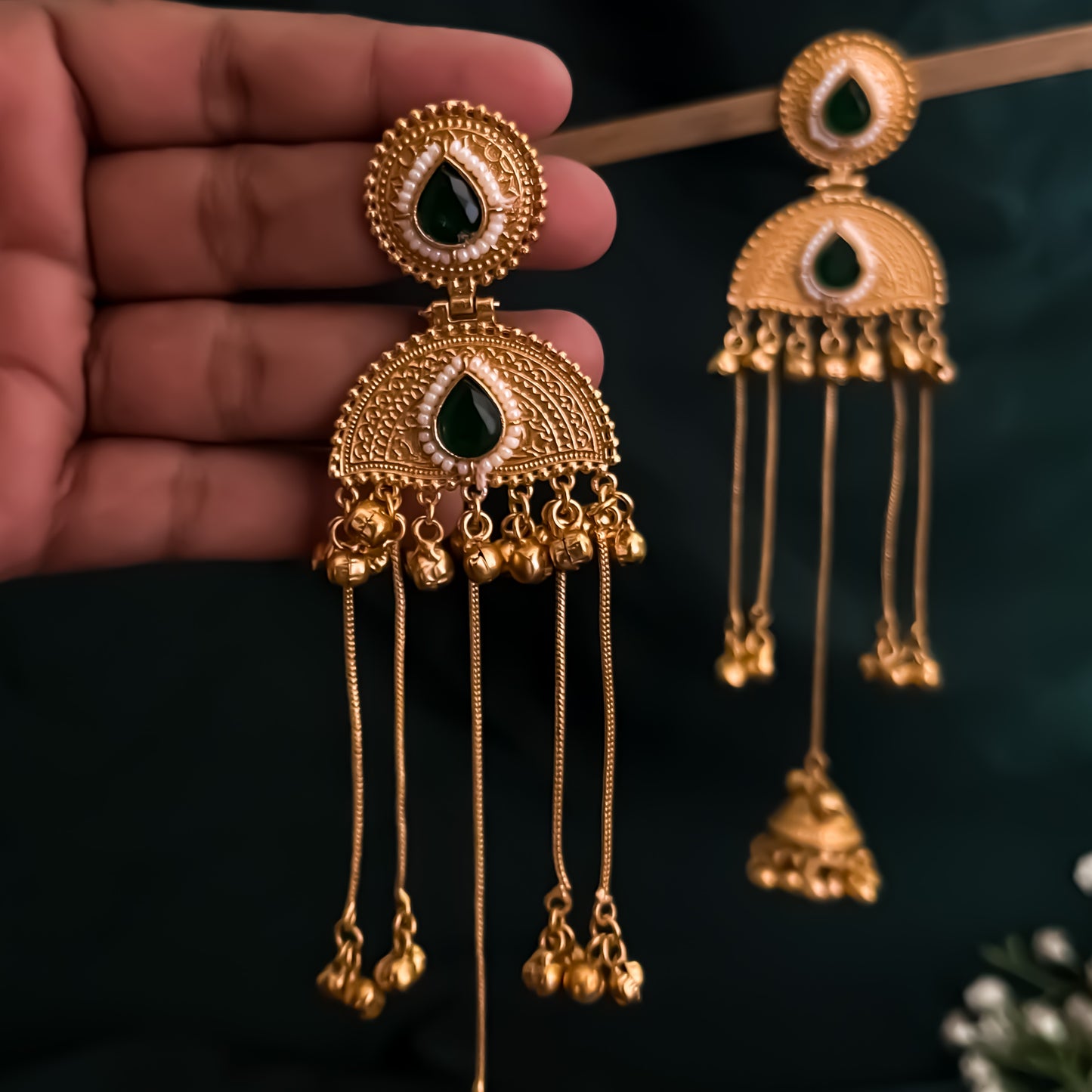 Sharvani Kashmiri Brass Ghungroo Jhumka Earrings - Green