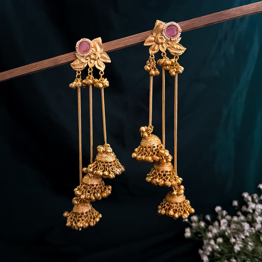 Tarini Kashmiri Brass Dejhoor Ghungroo Jhumka Earrings - Pastel Pink