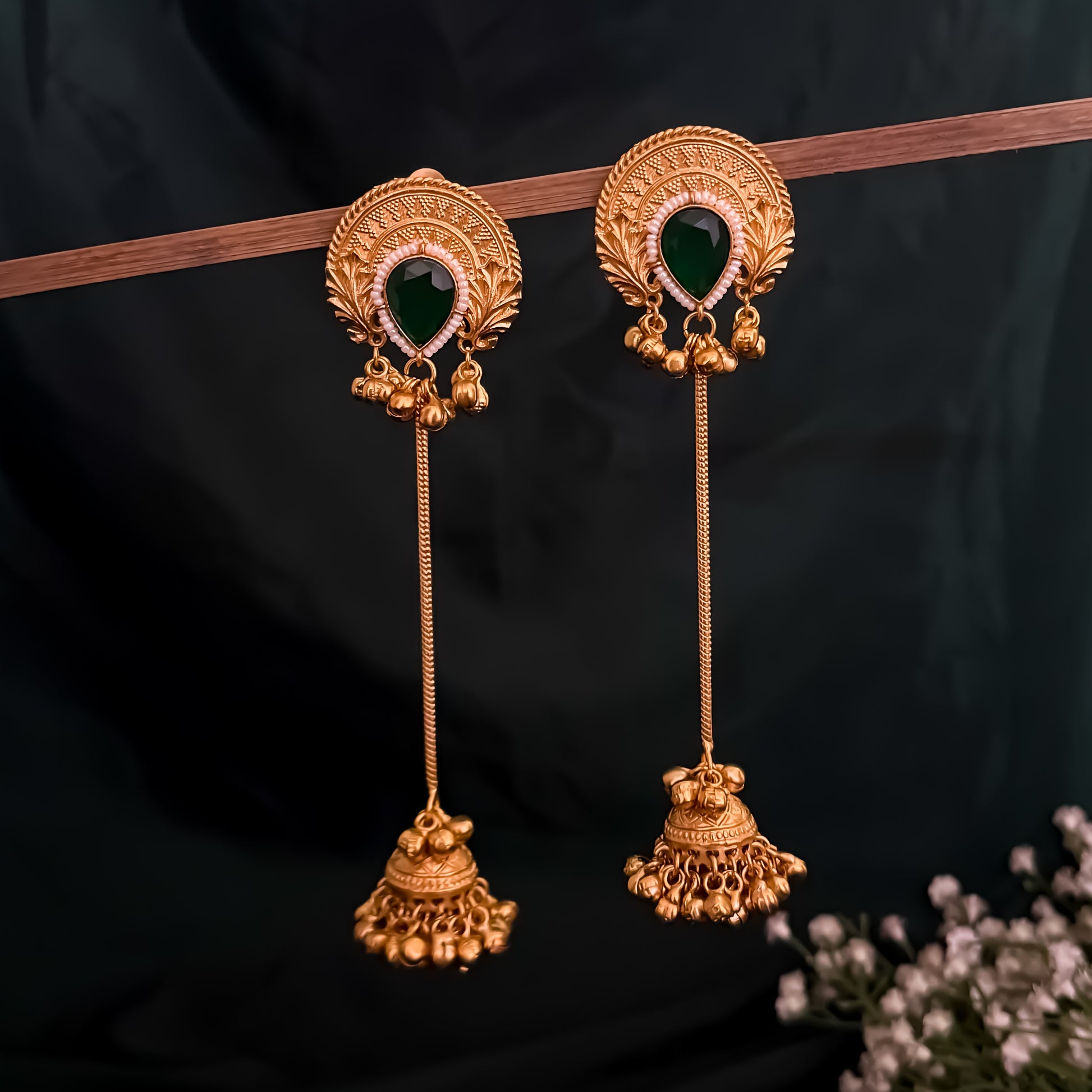 Vainika Kashmiri Brass Dejhoor Ghungroo Jhumka Earrings - Green