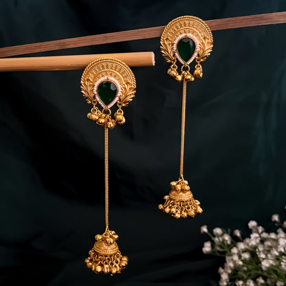Vainika Kashmiri Brass Dejhoor Ghungroo Jhumka Earrings - Green
