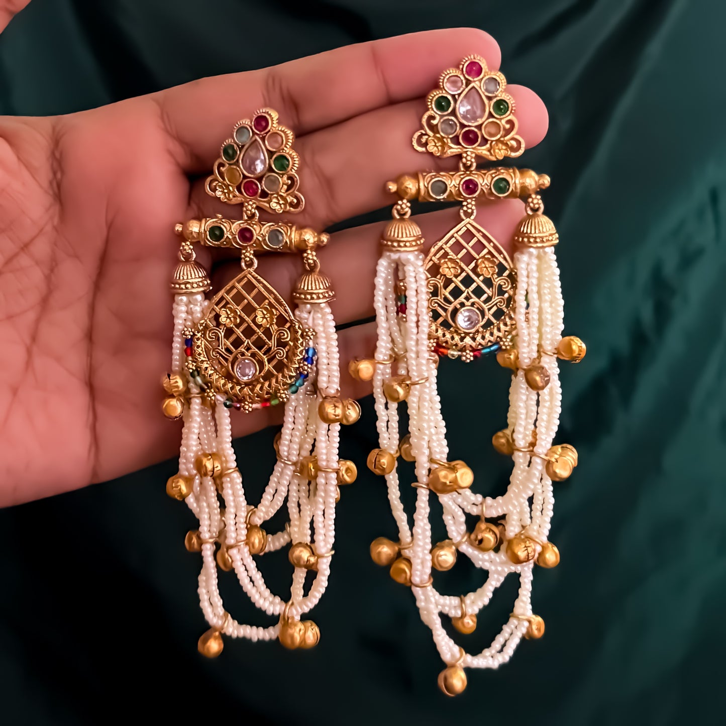 Shambhavi Premium Kashmiri Brass Pearl Chandbali Earrings - Multi