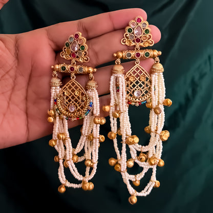 Shambhavi Premium Kashmiri Brass Pearl Chandbali Earrings - Multi