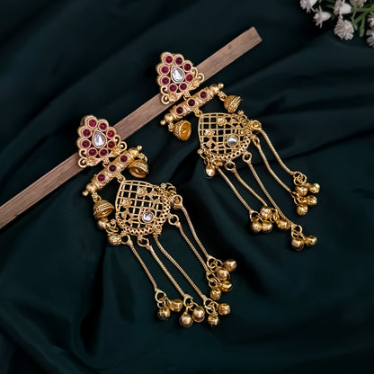 Kaushiki Kashmiri Brass Ghungroo Chandbali Earrings - Pink