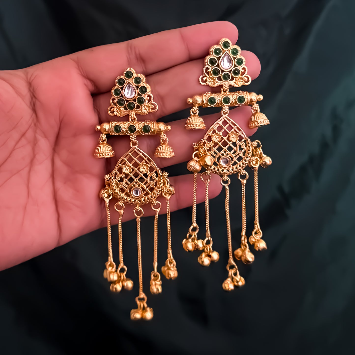 Kaushiki Kashmiri Brass Ghungroo Chandbali Earrings - Green