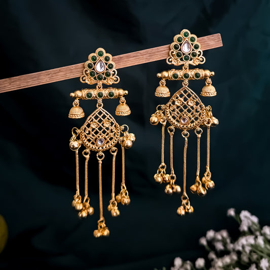 Kaushiki Kashmiri Brass Ghungroo Chandbali Earrings - Green