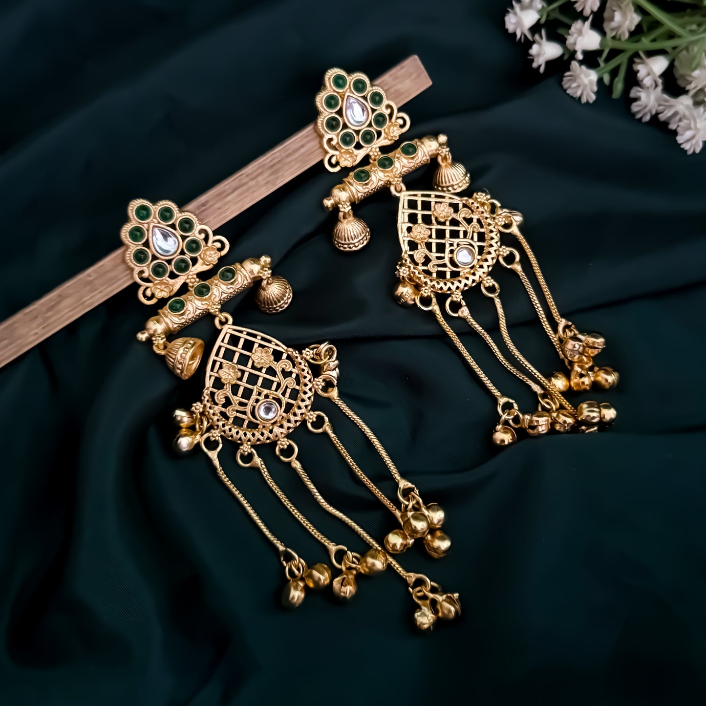 Kaushiki Kashmiri Brass Ghungroo Chandbali Earrings - Green