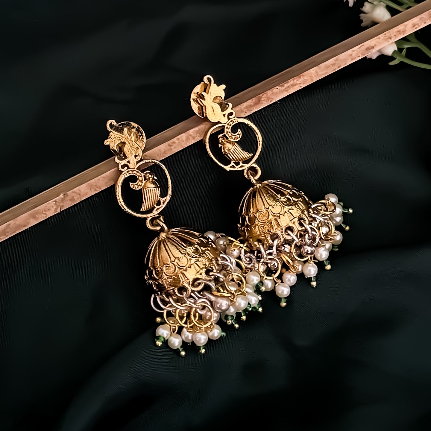 Aashna Kashmiri Brass Jhumki Earrings - Green