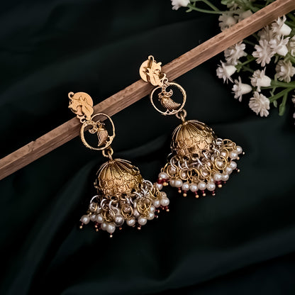 Aashna Kashmiri Brass Jhumki Earrings - Red