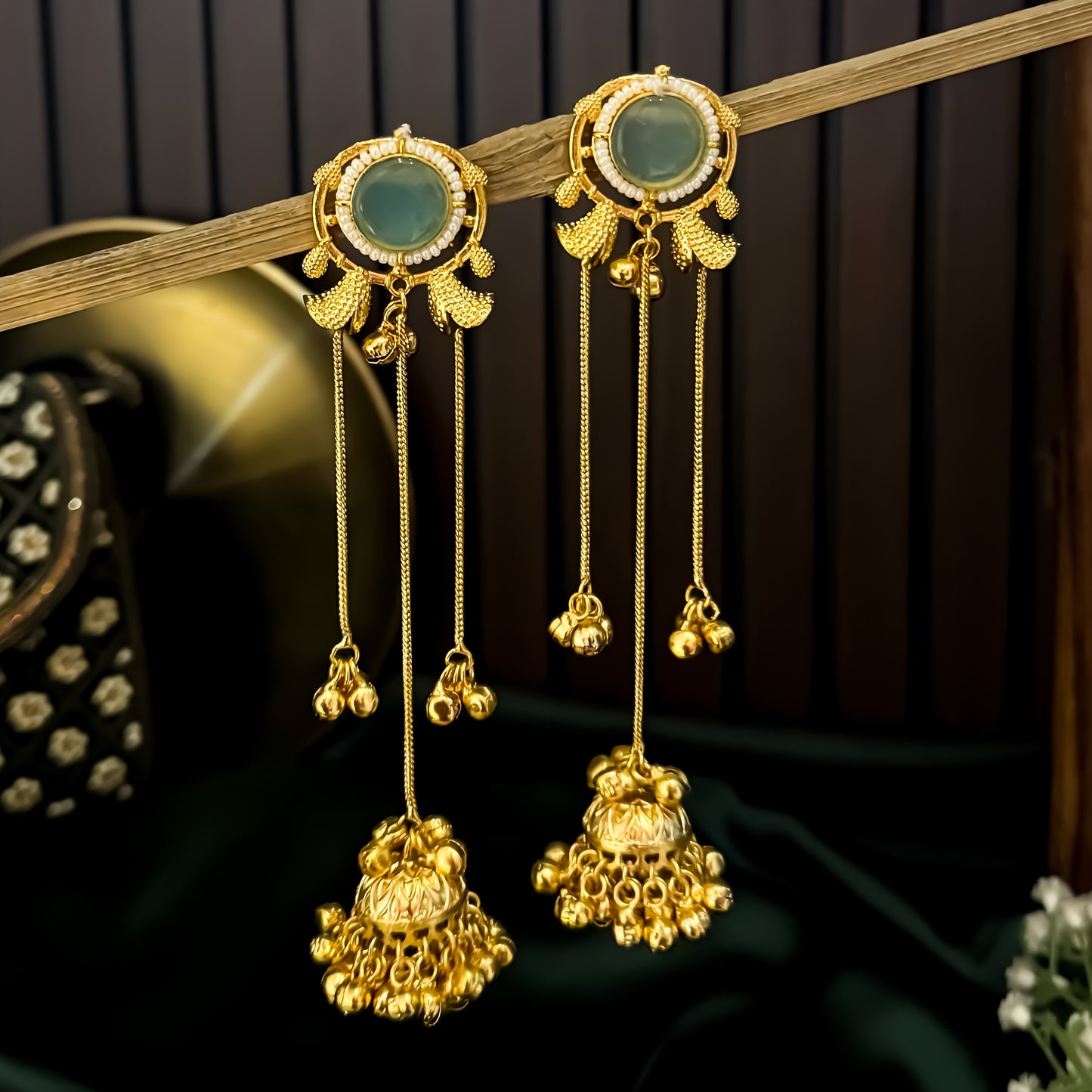 Parineeti Kashmiri Brass Ghungroo Jhumka Earrings - Pastel Green