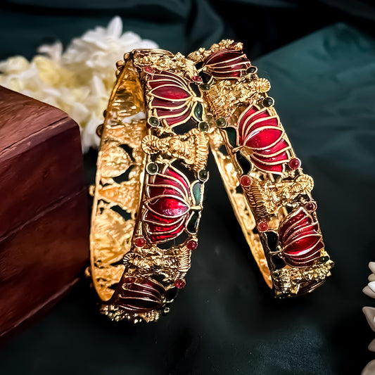 Nalini Lotus Lakshmi Temple Gold Bangles - Set of 2