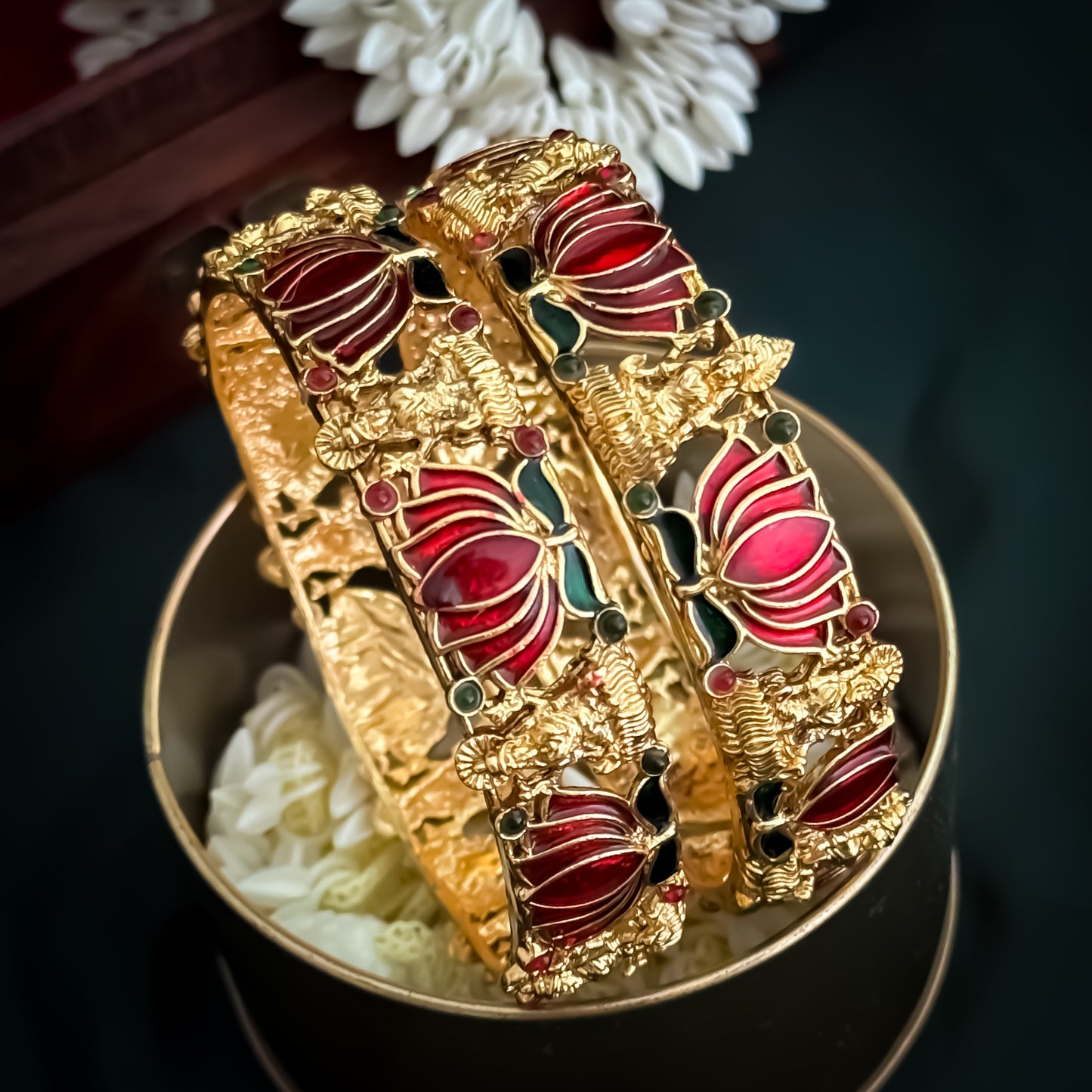 Nalini Lotus Lakshmi Temple Gold Bangles - Set of 2
