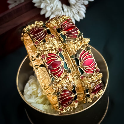 Nalini Lotus Lakshmi Temple Gold Bangles - Set of 2