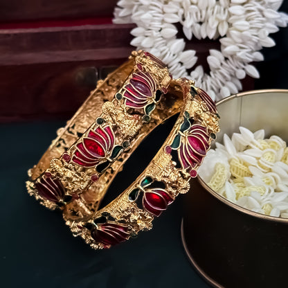 Nalini Lotus Lakshmi Temple Gold Bangles - Set of 2