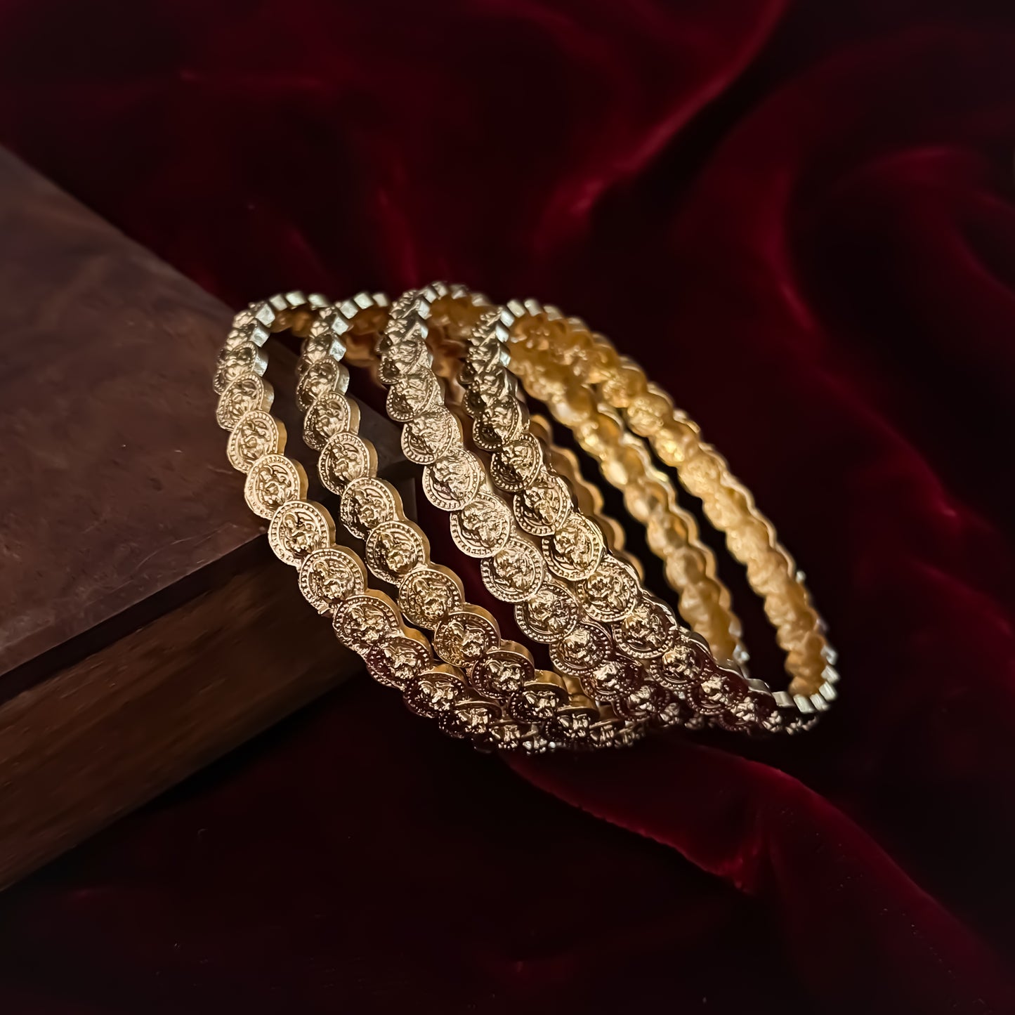 Ishani Lakshmi Coin Temple Gold Bangles - Golden (Set of 4)