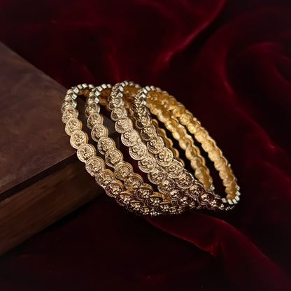 Ishani Lakshmi Coin Temple Gold Bangles - Golden (Set of 4)