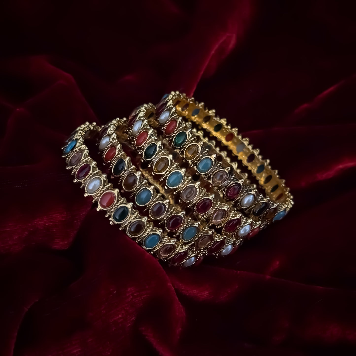 Ketaki Navratan Temple Gold Bangles - Multi (Set of 4)