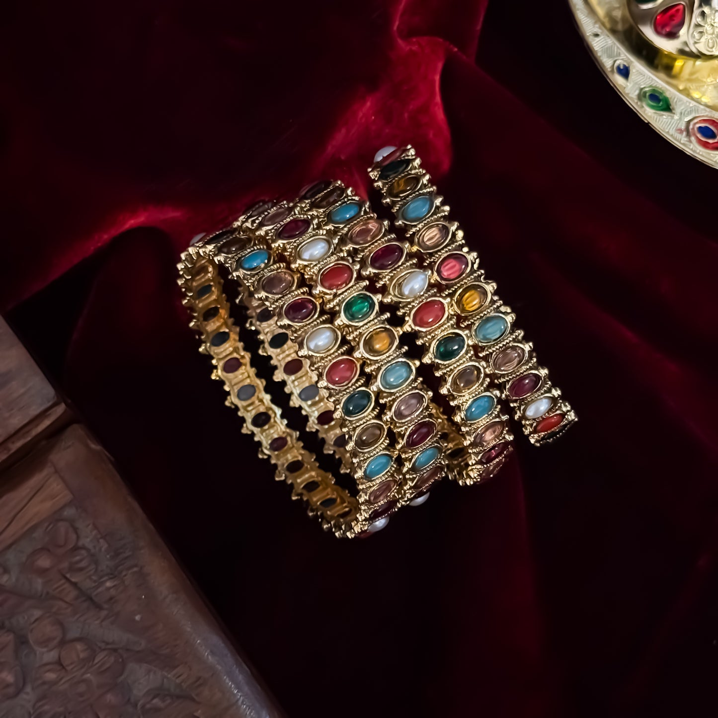 Ketaki Navratan Temple Gold Bangles - Multi (Set of 4)