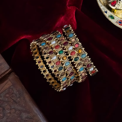 Ketaki Navratan Temple Gold Bangles - Multi (Set of 4)