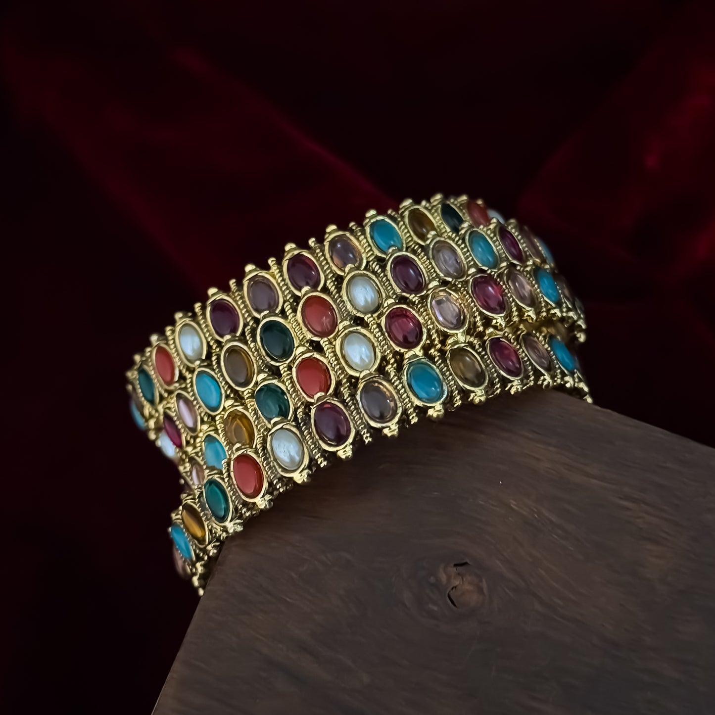 Ketaki Navratan Temple Gold Bangles - Multi (Set of 4)