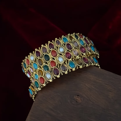 Ketaki Navratan Temple Gold Bangles - Multi (Set of 4)