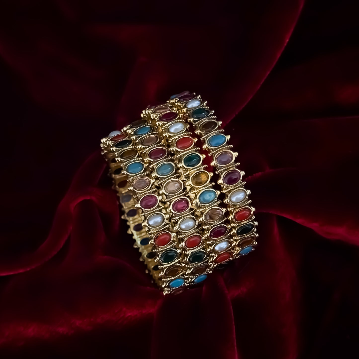Ketaki Navratan Temple Gold Bangles - Multi (Set of 4)