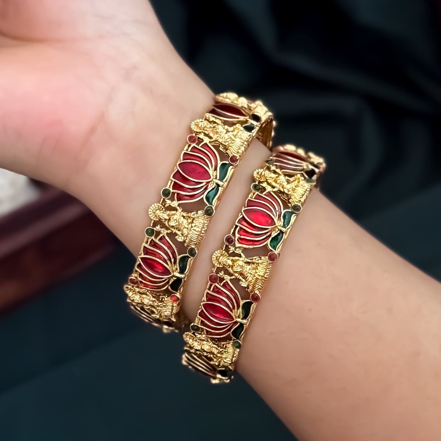 Nalini Lotus Lakshmi Temple Gold Bangles - Set of 2