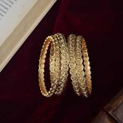 Ishani Lakshmi Coin Temple Gold Bangles - Golden (Set of 4)