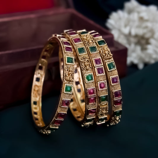 Kumkum Temple Gold Bangles with Ruby & Emerald Stones - Set of 4