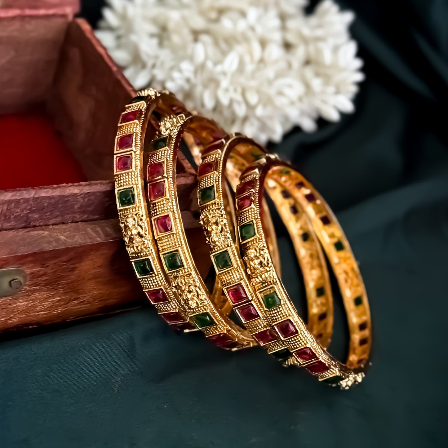 Kumkum Temple Gold Bangles with Ruby & Emerald Stones - Set of 4