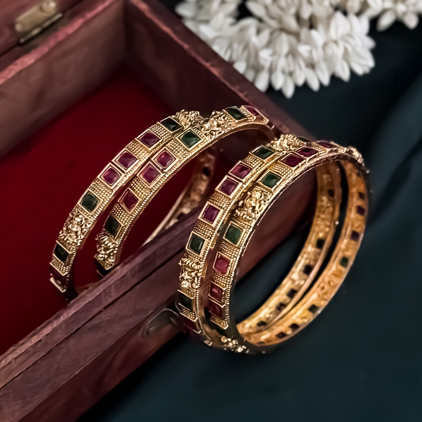 Kumkum Temple Gold Bangles with Ruby & Emerald Stones - Set of 4