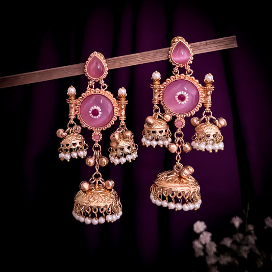 Kanchi Premium Kashmiri Brass Ghungroo Jhumka Earrings - Pastel Pink