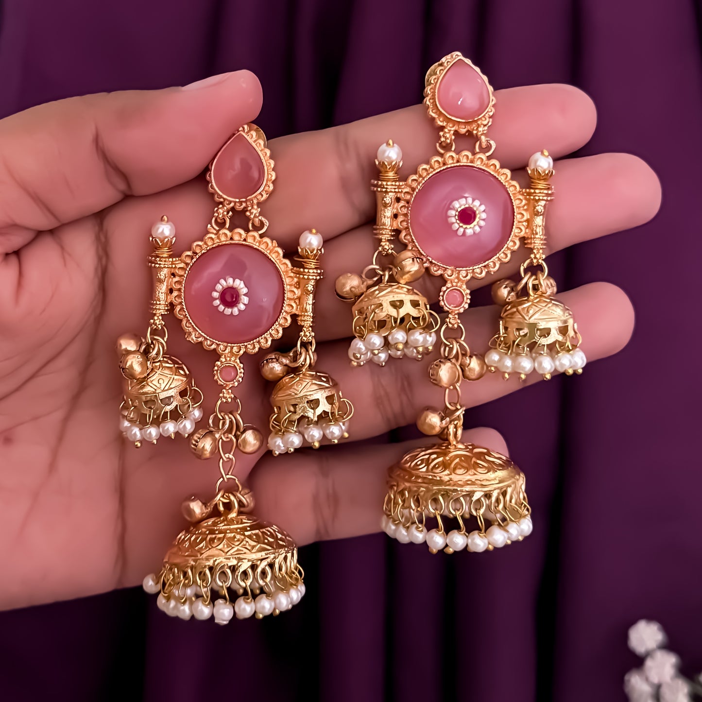 Kanchi Premium Kashmiri Brass Ghungroo Jhumka Earrings - Pastel Pink