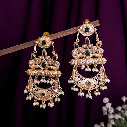 Bhavya Golden & Green Kashmiri Brass Chandbali Earrings