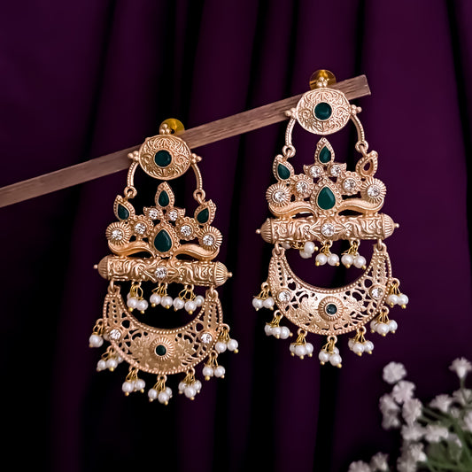 Bhavya Golden & Green Kashmiri Brass Chandbali Earrings