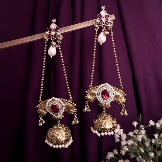 Meghana Premium AD Kashmiri Brass Ghungroo Jhumka Earrings - Ruby