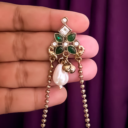 Meghana Premium AD Kashmiri Brass Ghungroo Jhumka Earrings - Green