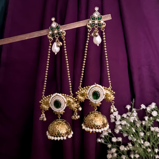 Meghana Premium AD Kashmiri Brass Ghungroo Jhumka Earrings - Green