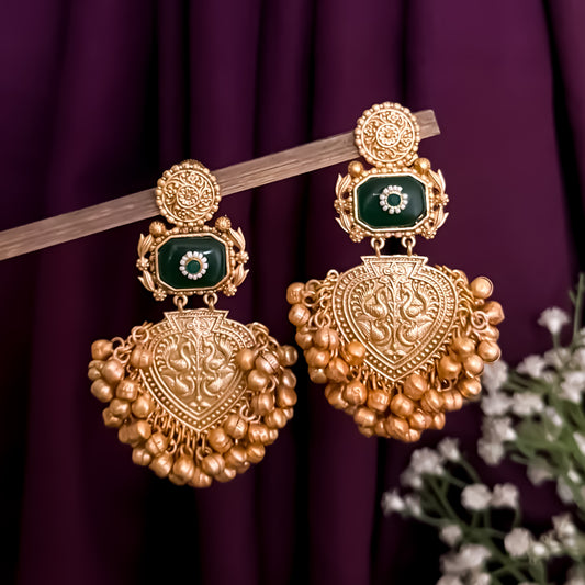 Saanjh Premium Golden & Green Brass Kashmiri Chandbali Earrings
