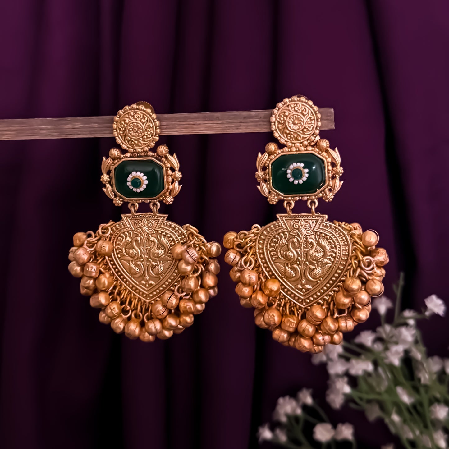 Saanjh Premium Golden & Green Brass Kashmiri Chandbali Earrings