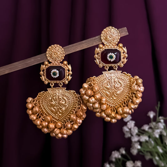 Saanjh Premium Golden & Maroon Kashmiri Brass Chandbali Earrings