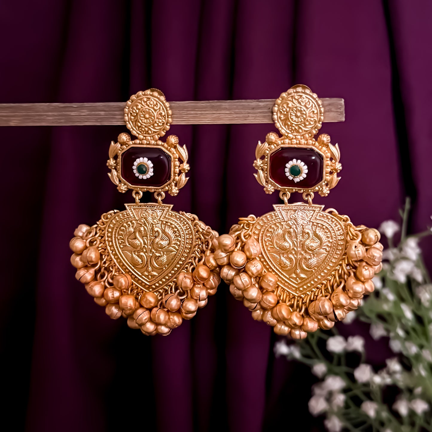 Saanjh Premium Golden & Maroon Kashmiri Brass Chandbali Earrings