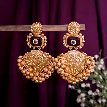 Saanjh Premium Golden & Maroon Kashmiri Brass Chandbali Earrings